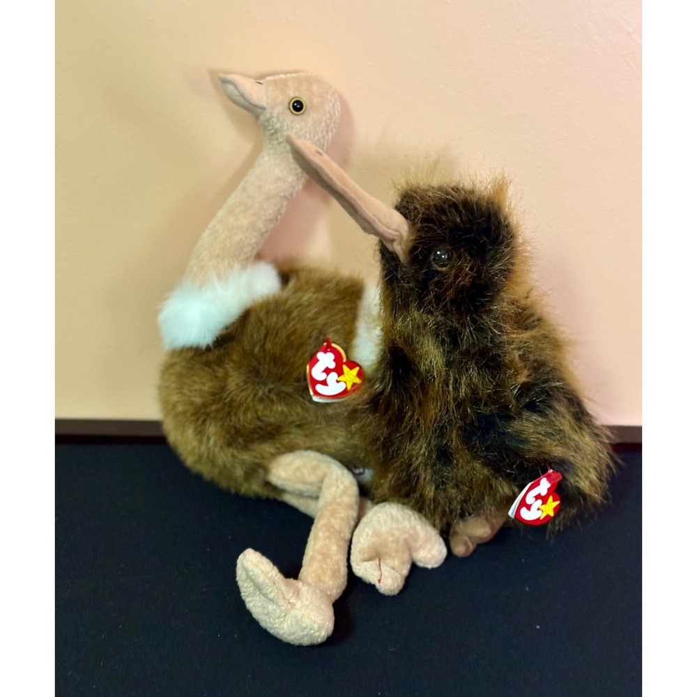 Vintage 1998 Ty Beanie Buddies Lot Stretch Ostrich Beak Kiwi Bird Plush Set 2pc